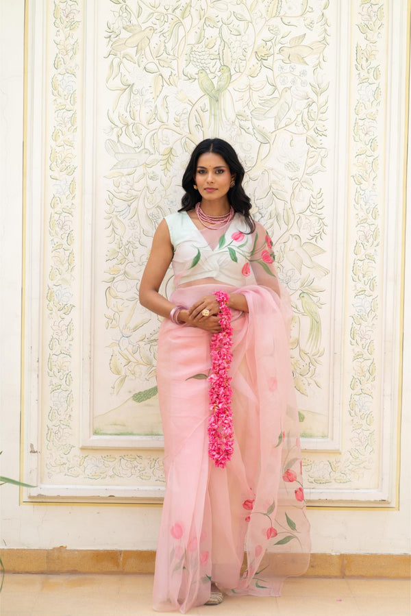 Baby Pink Pure Organza Handpainted Saree
