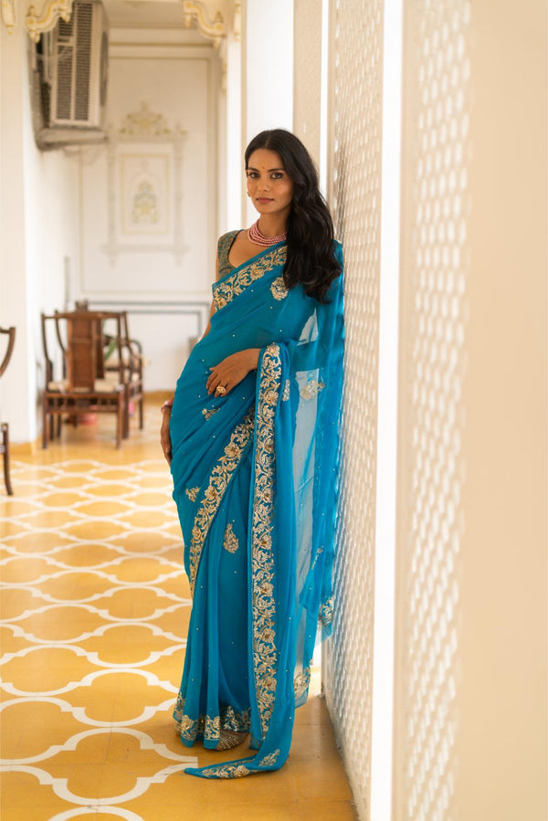 Blue Pure Georgette Saree