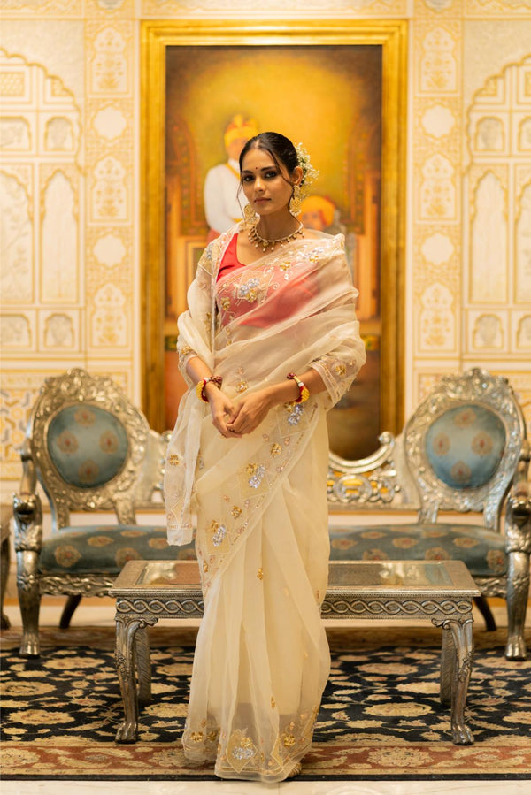 Off White Pure Organza Saree
