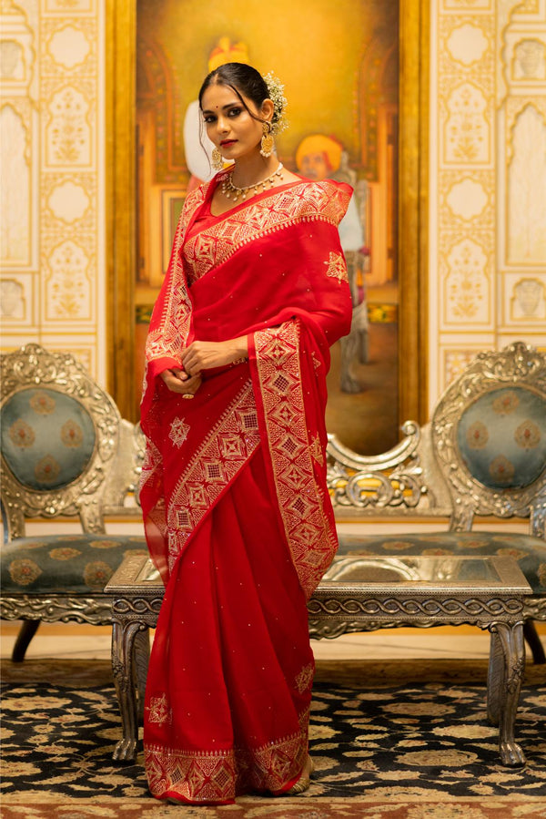 Red Pure Chiffon Cut Work Saree