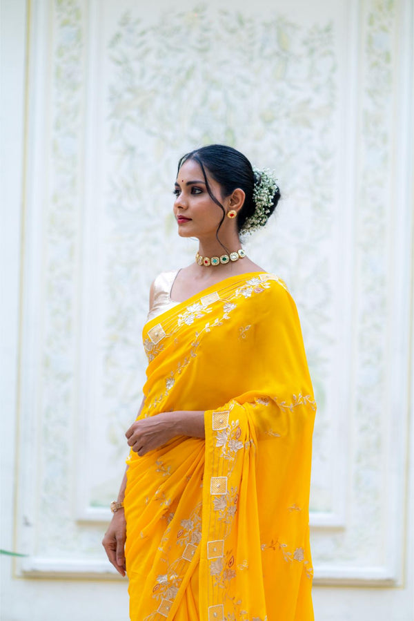 Yellow Crepe Silk Saree