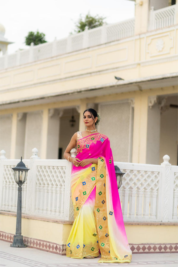 Pure Chiffon Shaded Lemon and Pink Saree
