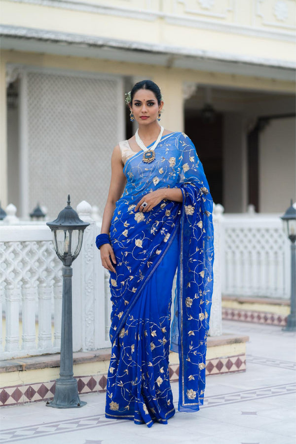 Blue Shaded Pure Chiffon Saree