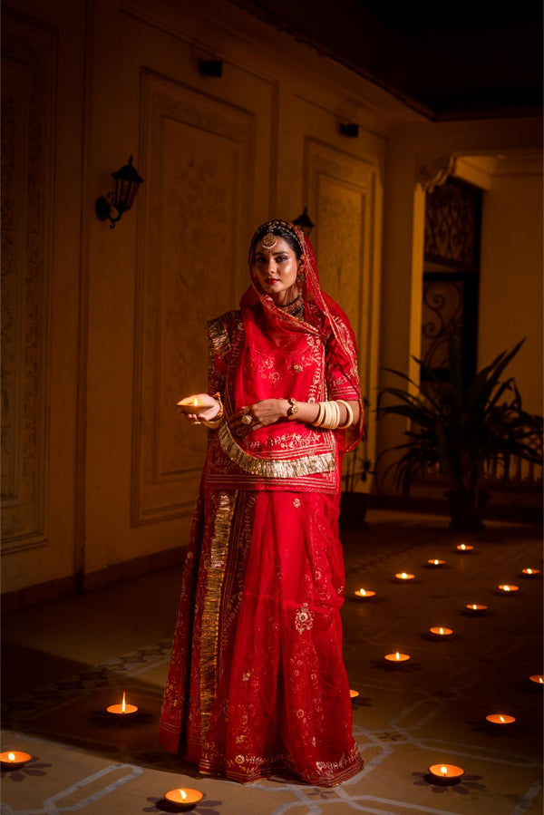 Red Poshak on Pure Satin Bridal