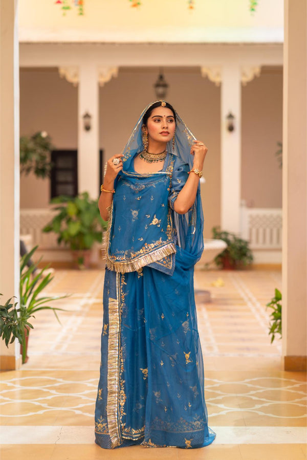 Firozi / Blue Tissue Poshak With Zari Work
