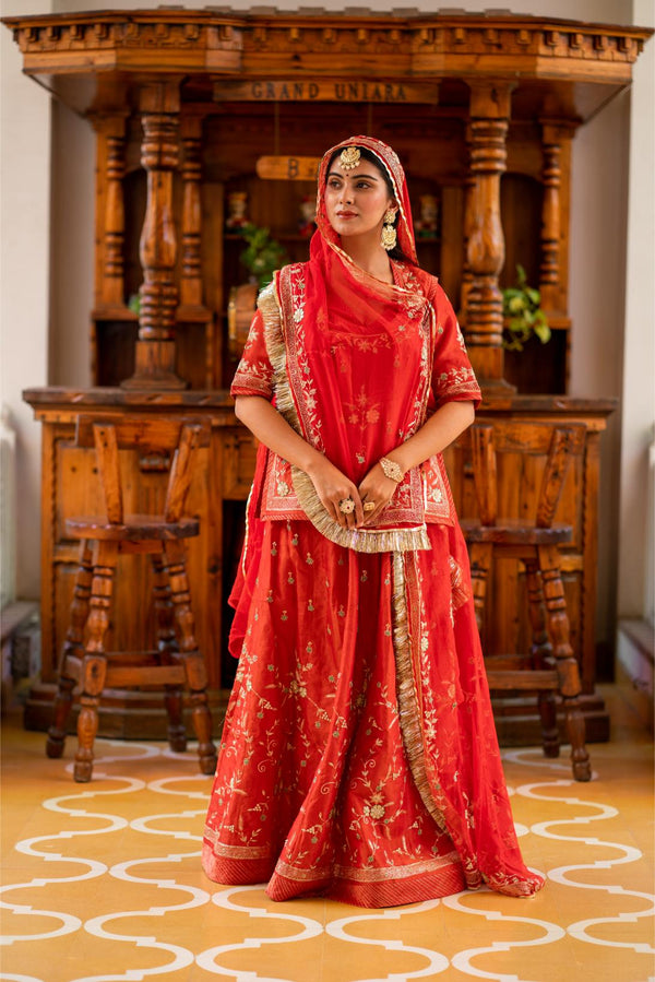 Red Tissue Poshak Aari, Dabka, Pearl Work Party Wear