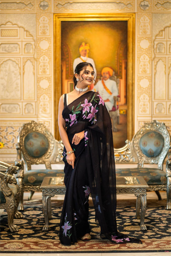 Black Handpainted Saree Pure Chiffon