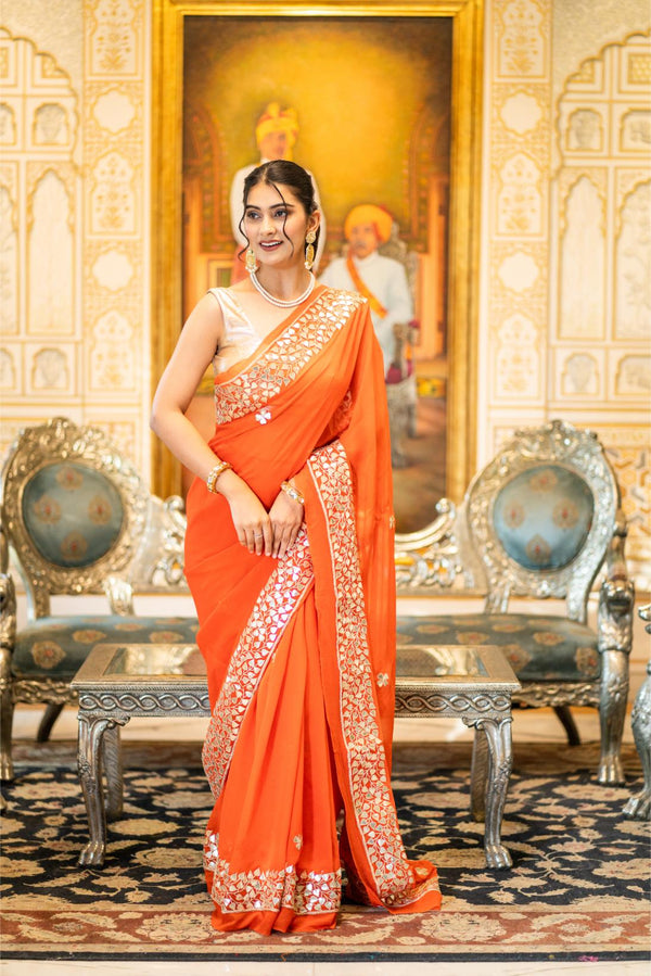 Rust Orange Pure Gorgette Saree With Gota Patti Work