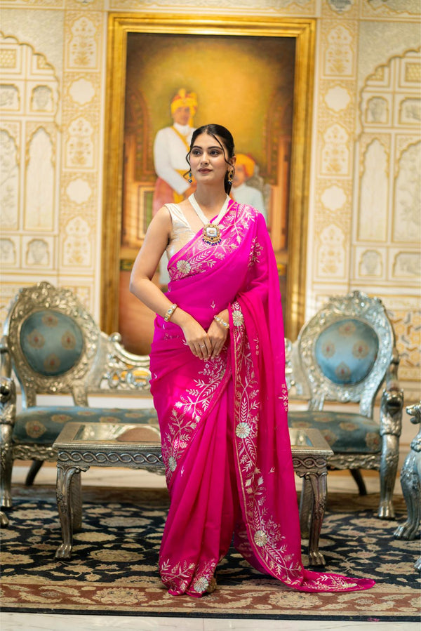 Magenta Color Pure Chiffon Saree With Heavy Border (Party Wear Saree)