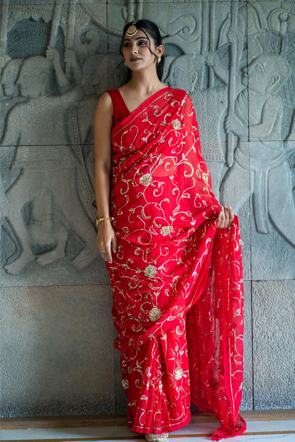 Red Party Wear Heavy Bridal Saree With Jaal Work